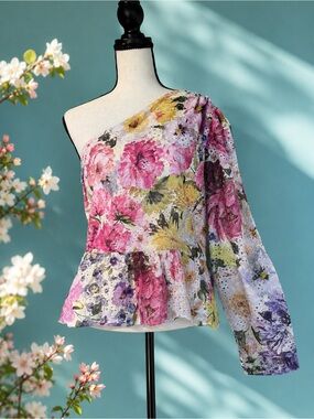 Express Floral Eyelet One Shoulder Peplum Blouse Cotton Lined Size 14